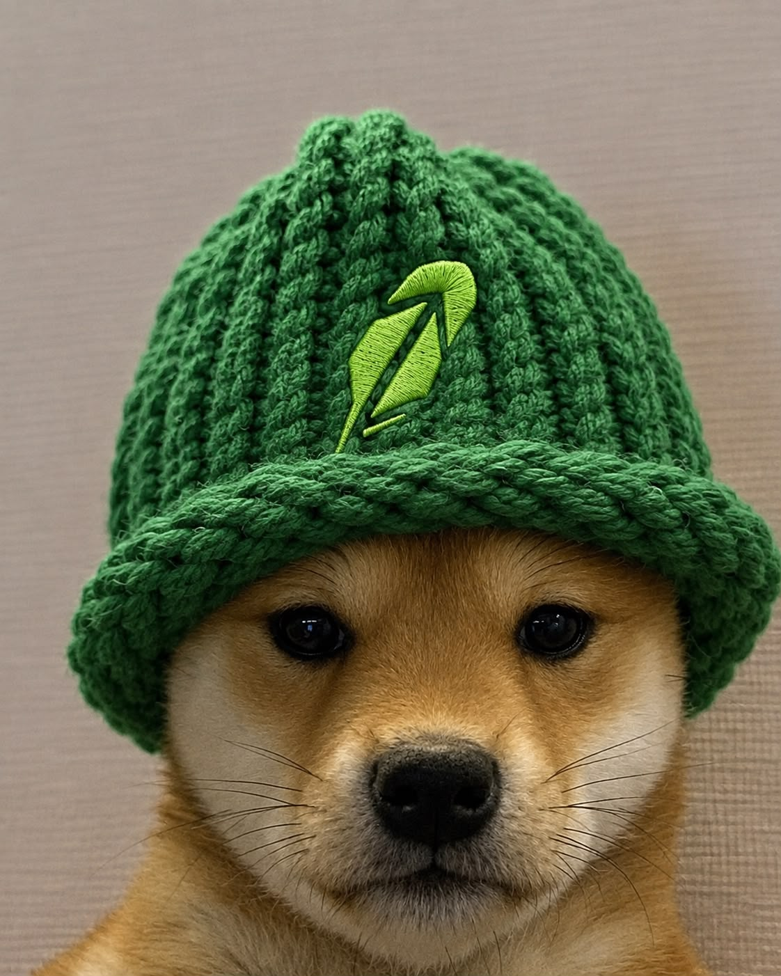 Shiba inu wearing a green Robinhood beanie